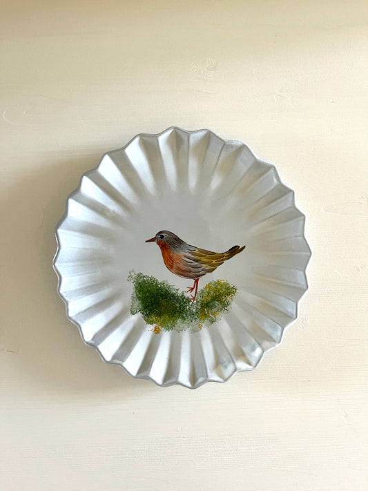 hand painted bird plate, black ceramics with white glaze